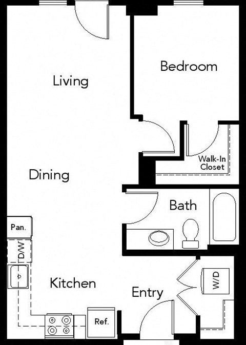 Floor plan for 1 bed, 1 bath, 691 sqft